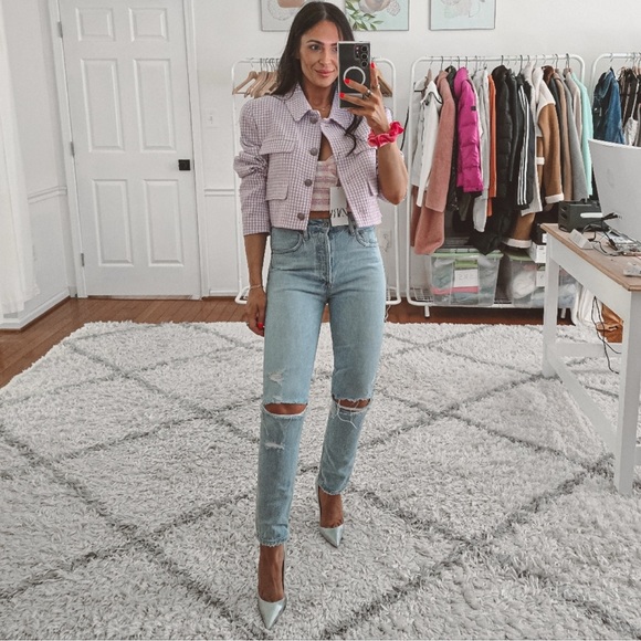 Zara purple/white checkered cropped blazer NWT - Picture 3 of 10